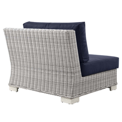 Conway Outdoor Patio Wicker Rattan Right-Arm Chair, Rattan, Wicker, Light Grey Gray Blue Navy, 23362