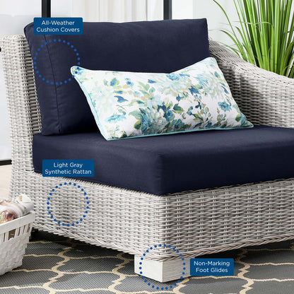 Conway Outdoor Patio Wicker Rattan Right-Arm Chair, Rattan, Wicker, Light Grey Gray Blue Navy, 23362