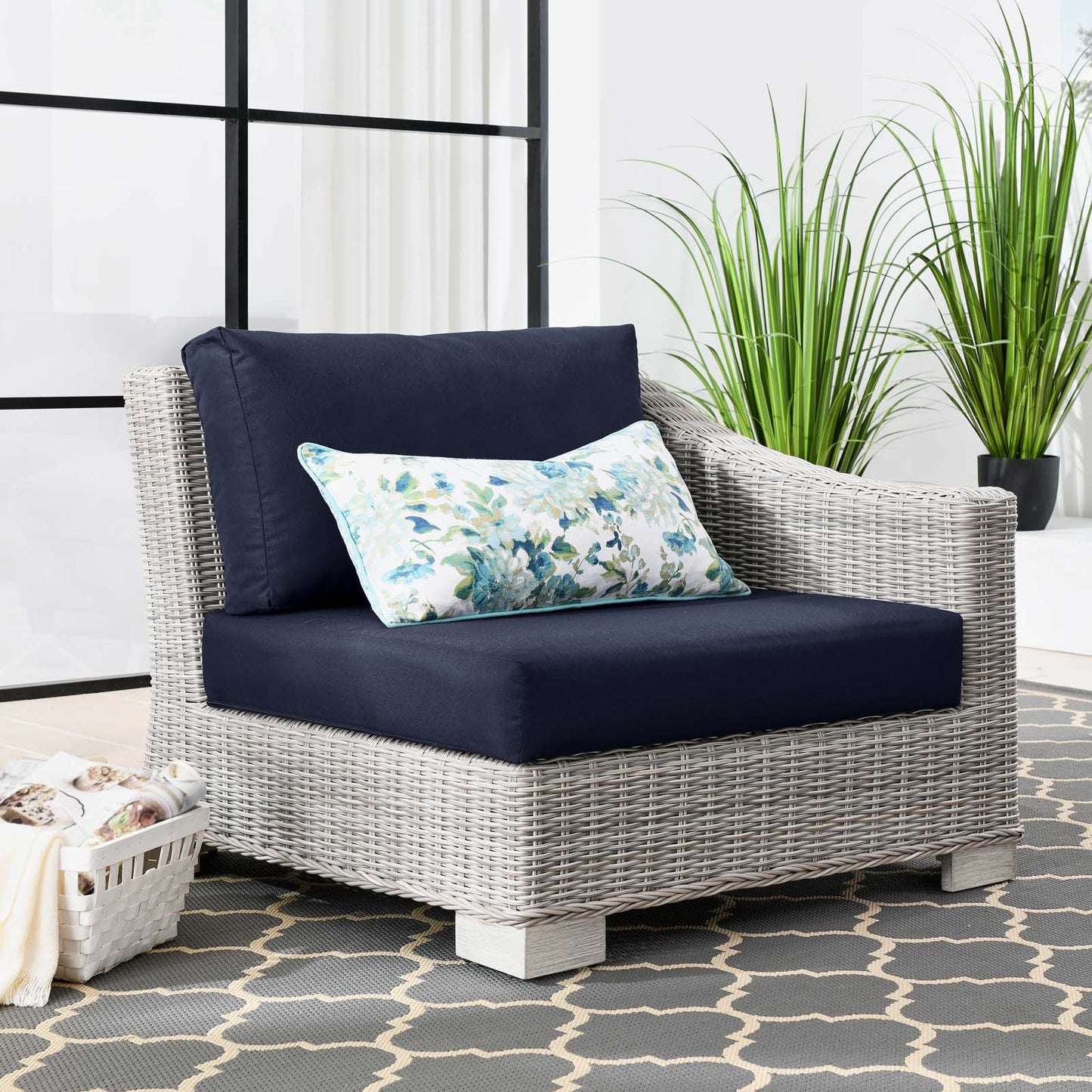 Conway Outdoor Patio Wicker Rattan Right-Arm Chair, Rattan, Wicker, Light Grey Gray Blue Navy, 23362