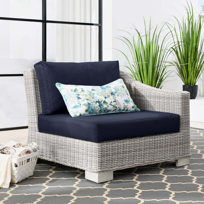 Conway Outdoor Patio Wicker Rattan Right-Arm Chair, Rattan, Wicker, Light Grey Gray Blue Navy, 23362