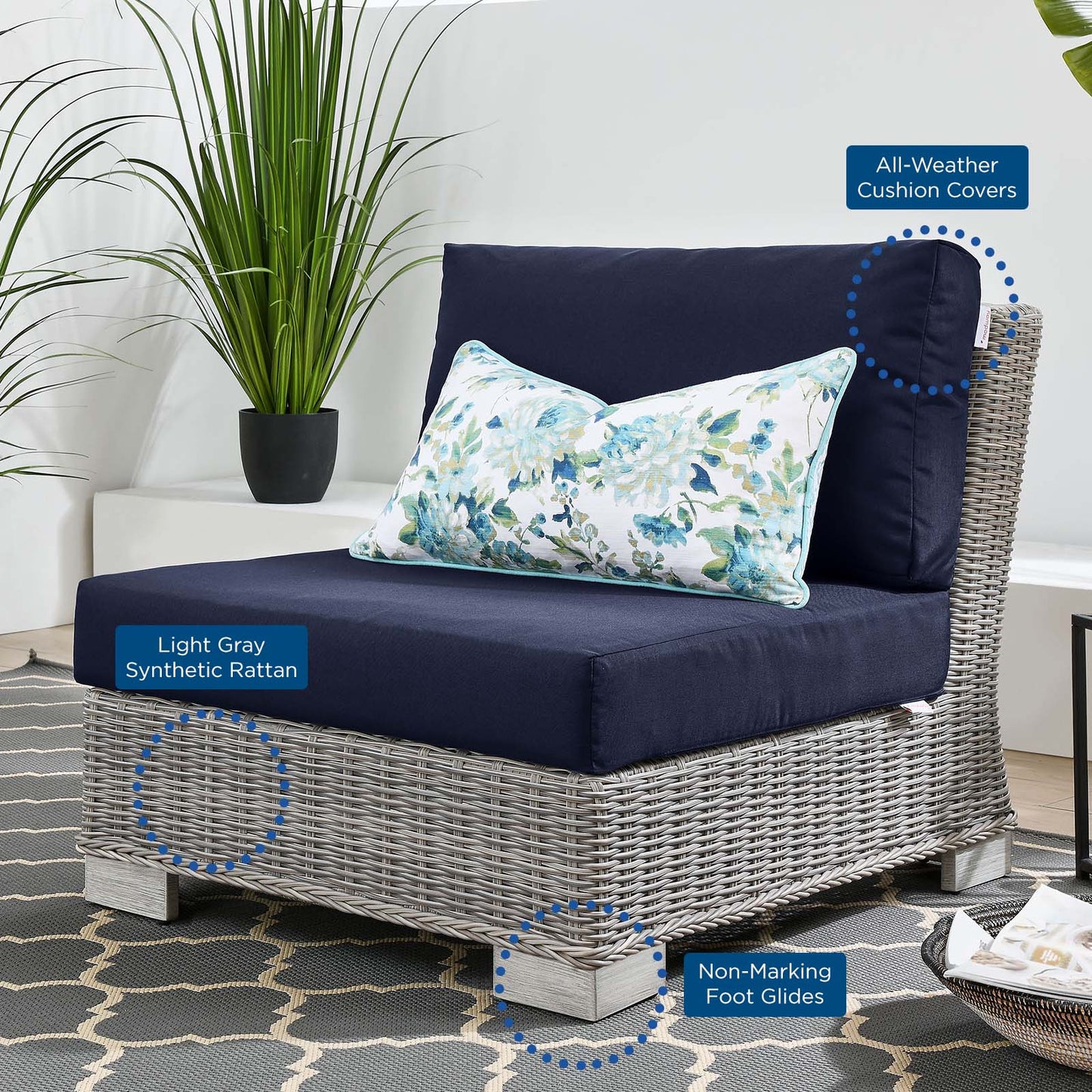 Conway Outdoor Patio Wicker Rattan Armless Chair, Rattan, Wicker, Light Grey Gray Blue Navy, 23366