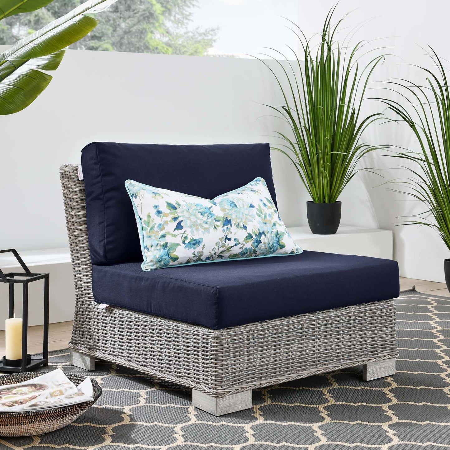 Conway Outdoor Patio Wicker Rattan Armless Chair, Rattan, Wicker, Light Grey Gray Blue Navy, 23366