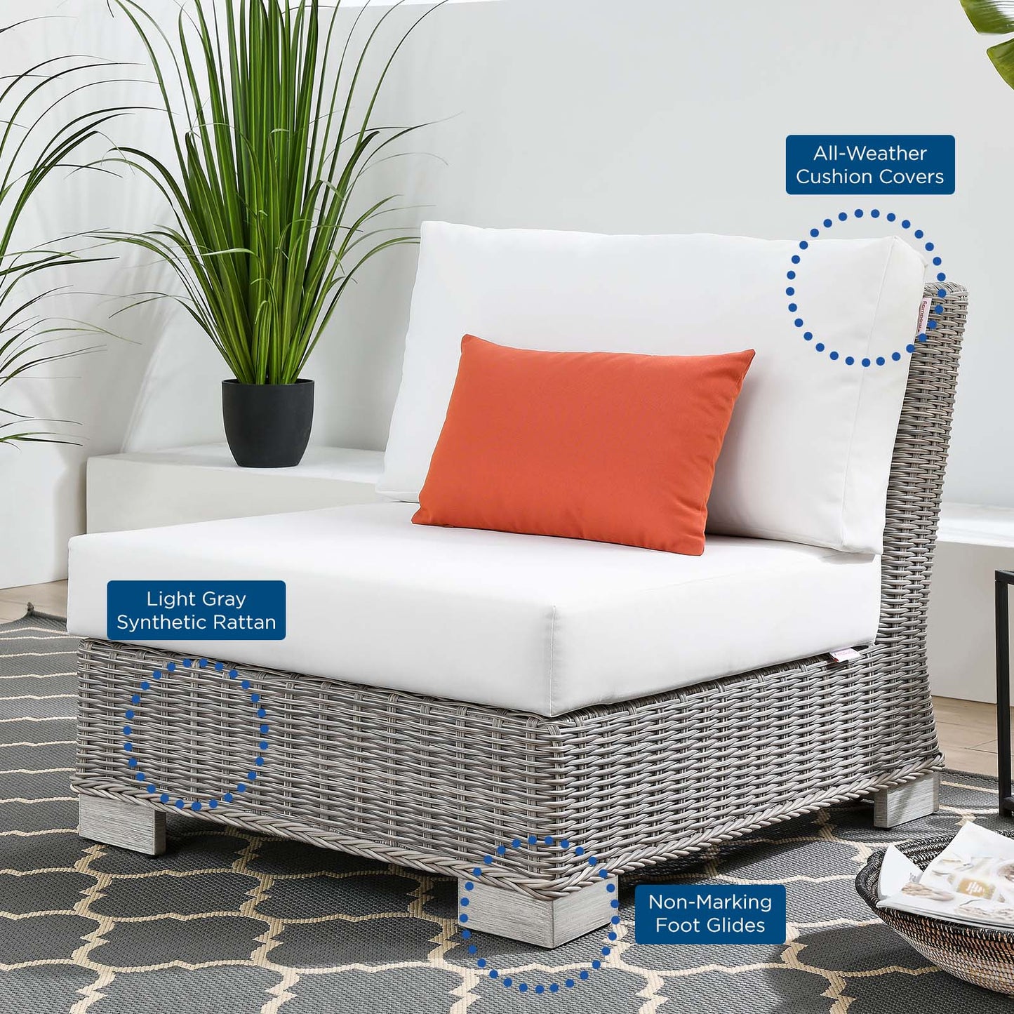Conway Outdoor Patio Wicker Rattan Armless Chair, Rattan, Wicker, Light Grey Gray White, 23367