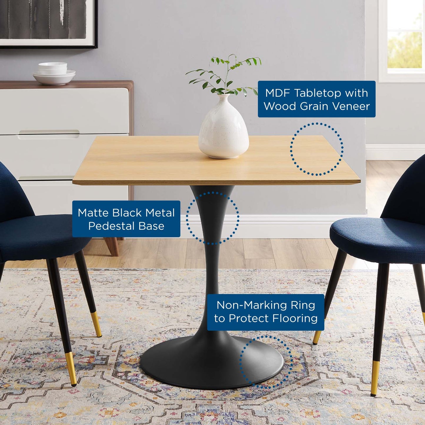 Lippa 36" Wood Square Dining Table, Wood, Balck Brown Natural, 20650