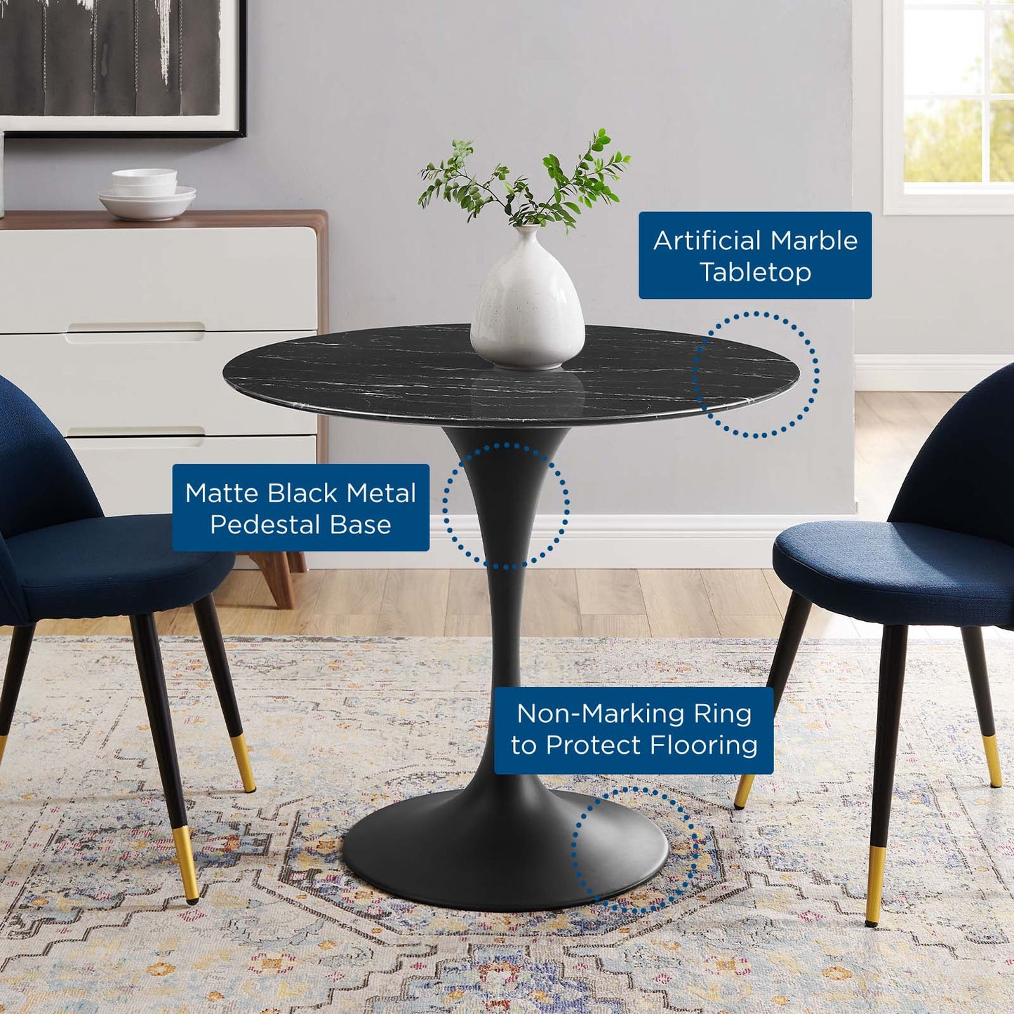 Lippa 36" Artificial Marble Dining Table, Artificial Marble, Metal Steel, Black, 20652