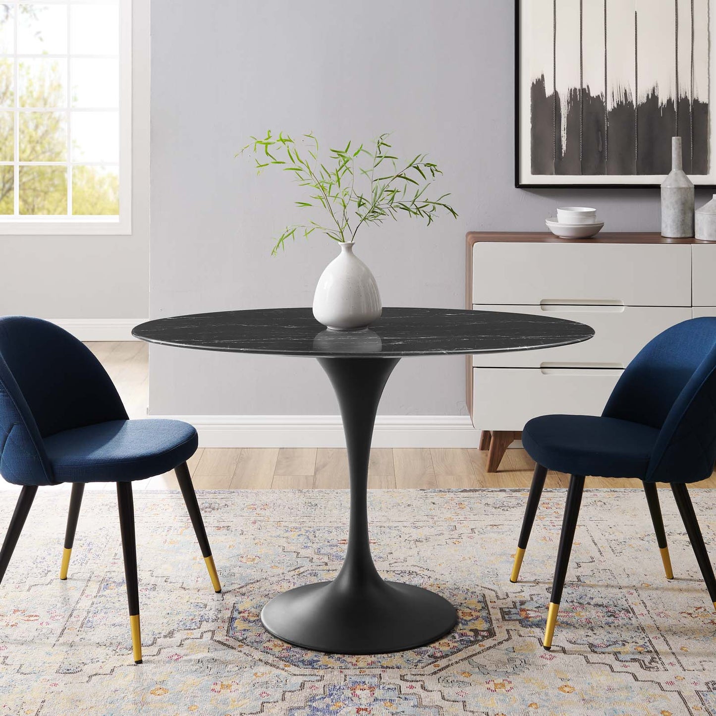 Lippa 48" Artificial Marble Dining Table, Artificial Marble, Metal Steel, Black, 20654