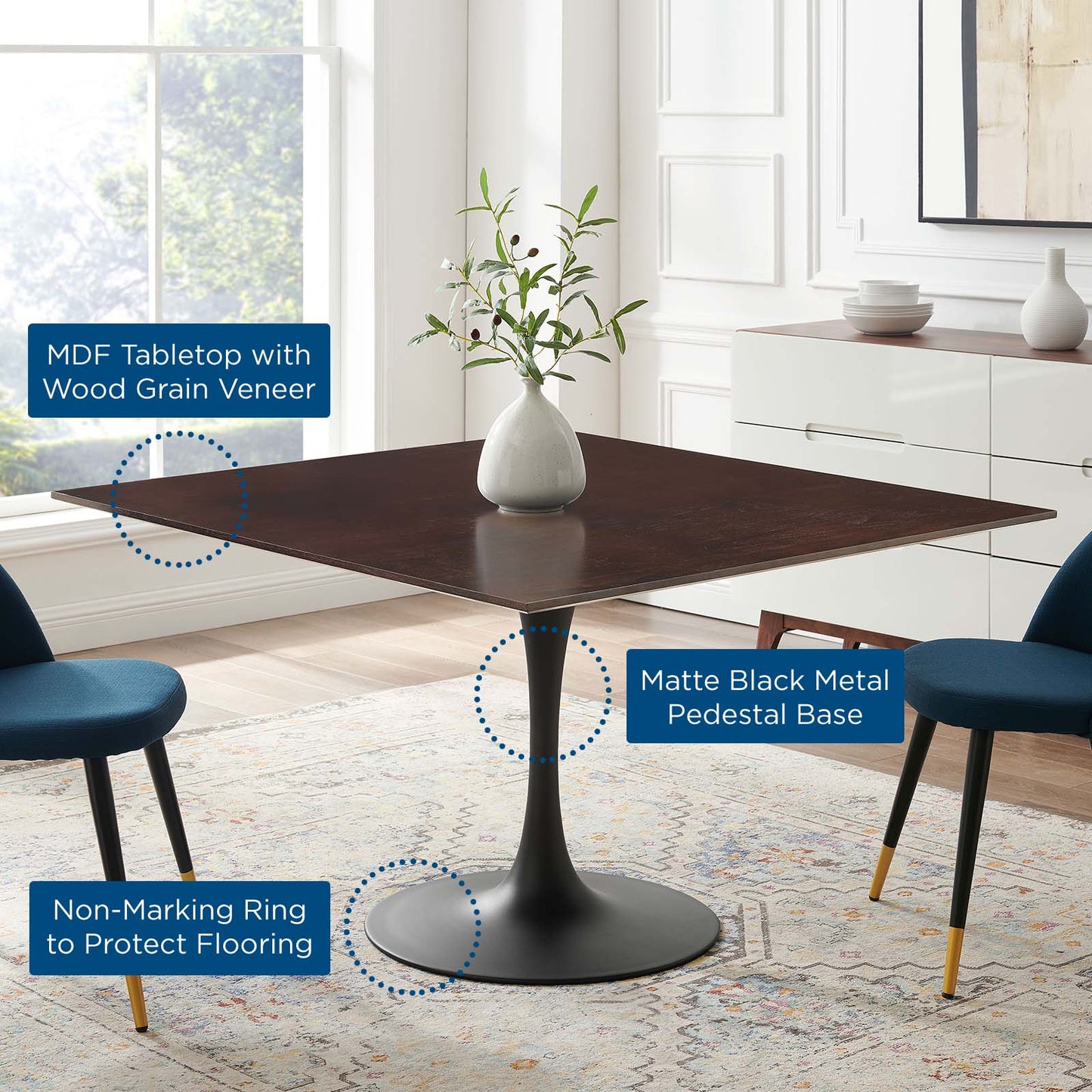 Lippa 47" Wood Square Dining Table, Wood, Black Dark Brown, 20663