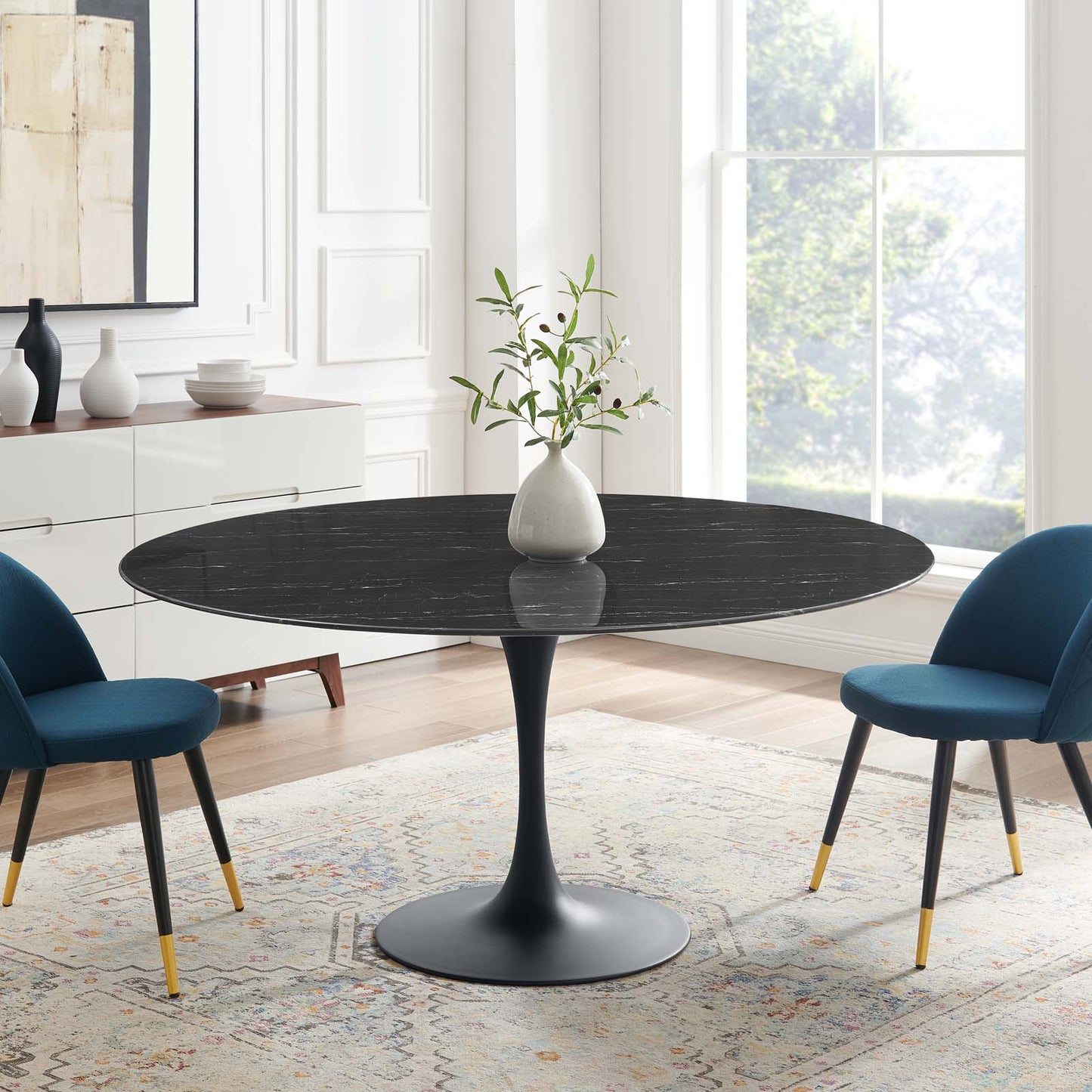 Lippa 60" Artificial Marble Dining Table, Artificial Marble, Metal Steel, Black, 20668