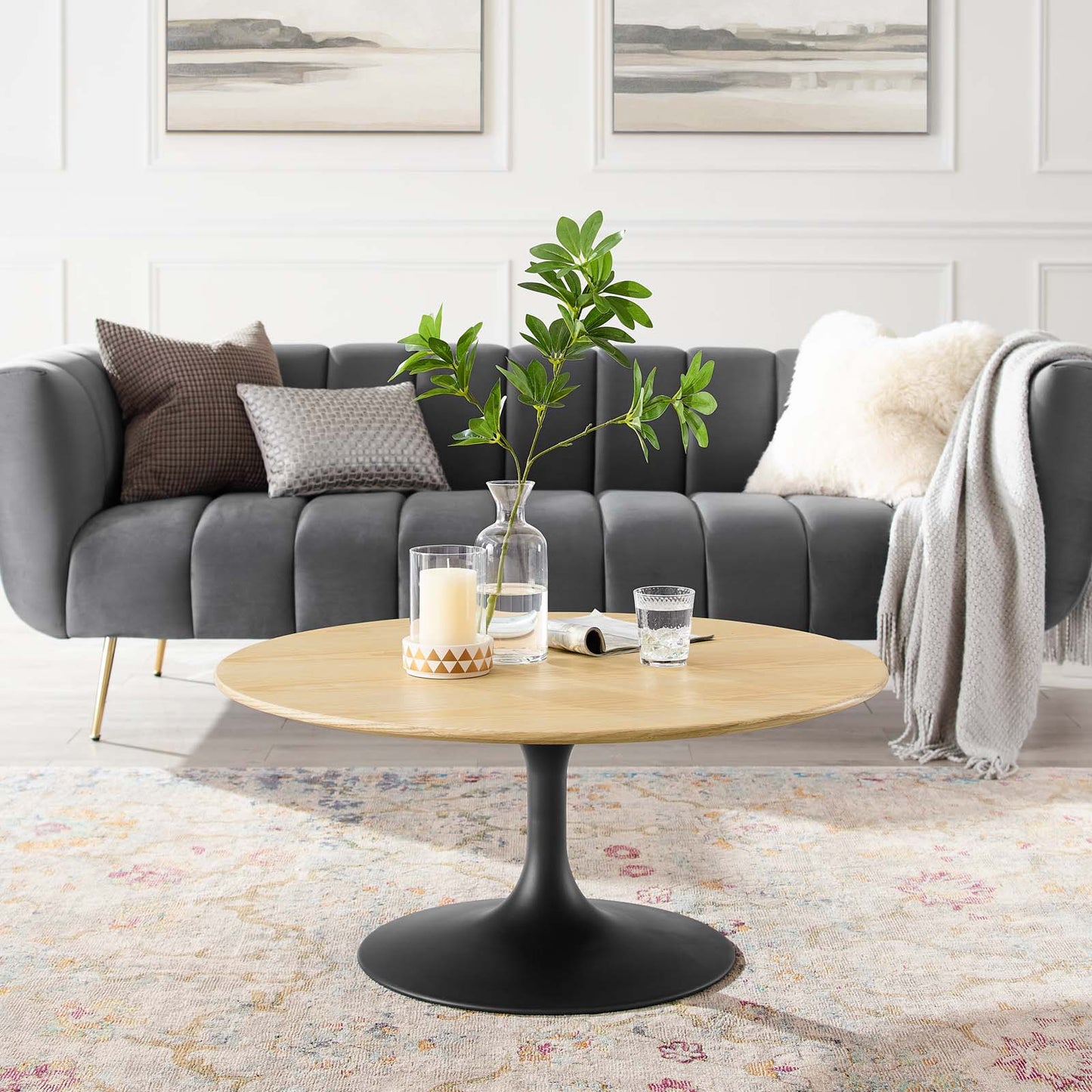 Lippa 36" Wood Coffee Table, Wood, Metal Steel, Balck Brown Natural, 20672