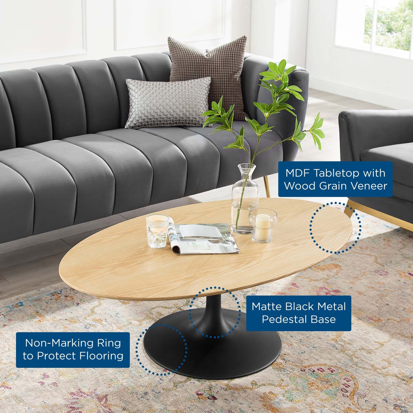 Lippa 48" Wood Oval Coffee Table, Wood, Metal Steel, Balck Brown Natural, 20674
