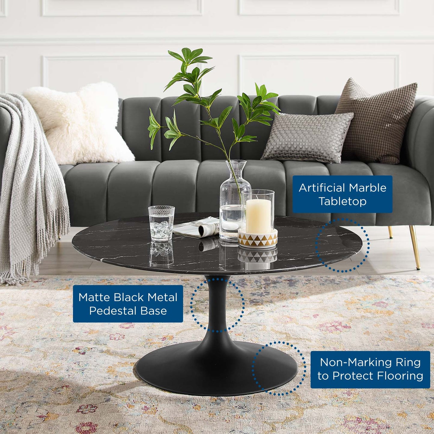 Lippa 36" Round Artificial Marble Coffee Table, Artificial Marble, Metal Steel, Black, 20675