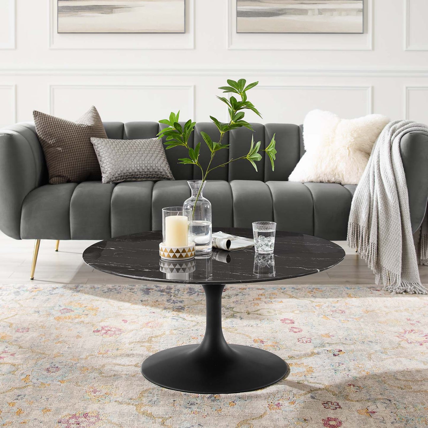 Lippa 36" Round Artificial Marble Coffee Table, Artificial Marble, Metal Steel, Black, 20675