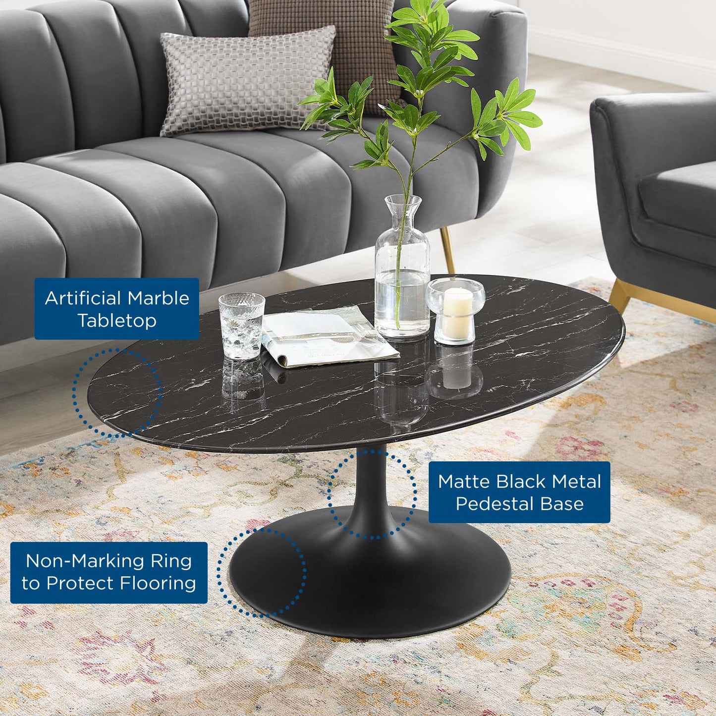 Lippa 42" Oval Artificial Marble Coffee Table, Artificial Marble, Metal Steel, Black, 20676