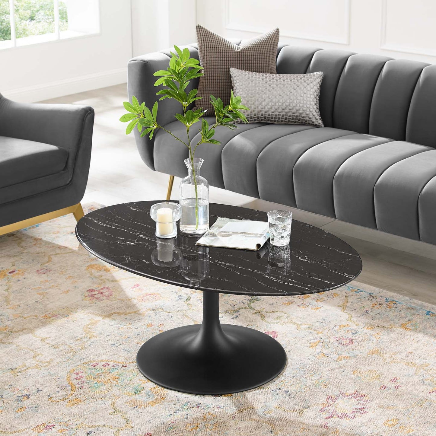 Lippa 42" Oval Artificial Marble Coffee Table, Artificial Marble, Metal Steel, Black, 20676