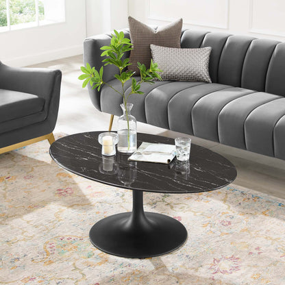 Lippa 42" Oval Artificial Marble Coffee Table, Artificial Marble, Metal Steel, Black, 20676