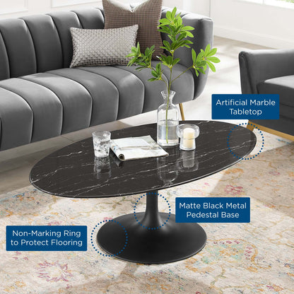 Lippa 48" Oval Artificial Marble Coffee Table, Artificial Marble, Metal Steel, Black, 20677