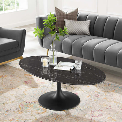 Lippa 48" Oval Artificial Marble Coffee Table, Artificial Marble, Metal Steel, Black, 20677