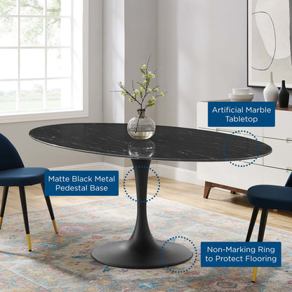 Lippa 78" Oval Artificial Marble Dining Table, Artificial Marble, Metal Steel, Black, 20682