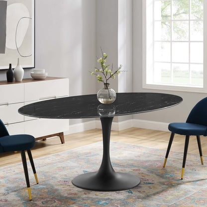 Lippa 78" Oval Artificial Marble Dining Table, Artificial Marble, Metal Steel, Black, 20682