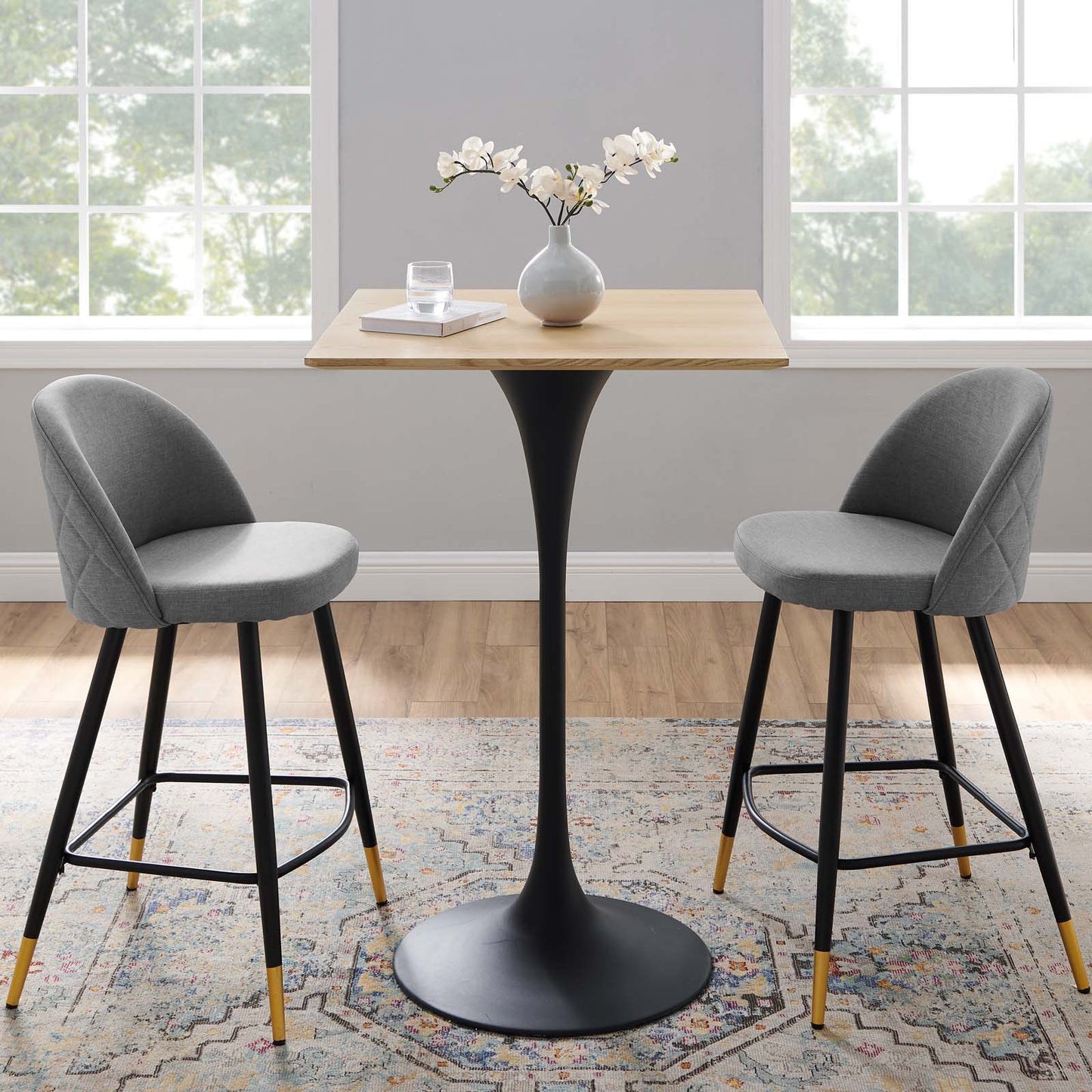 Lippa 28" Square Wood Bar Table, Wood, Metal Steel, Balck Brown Natural, 20686