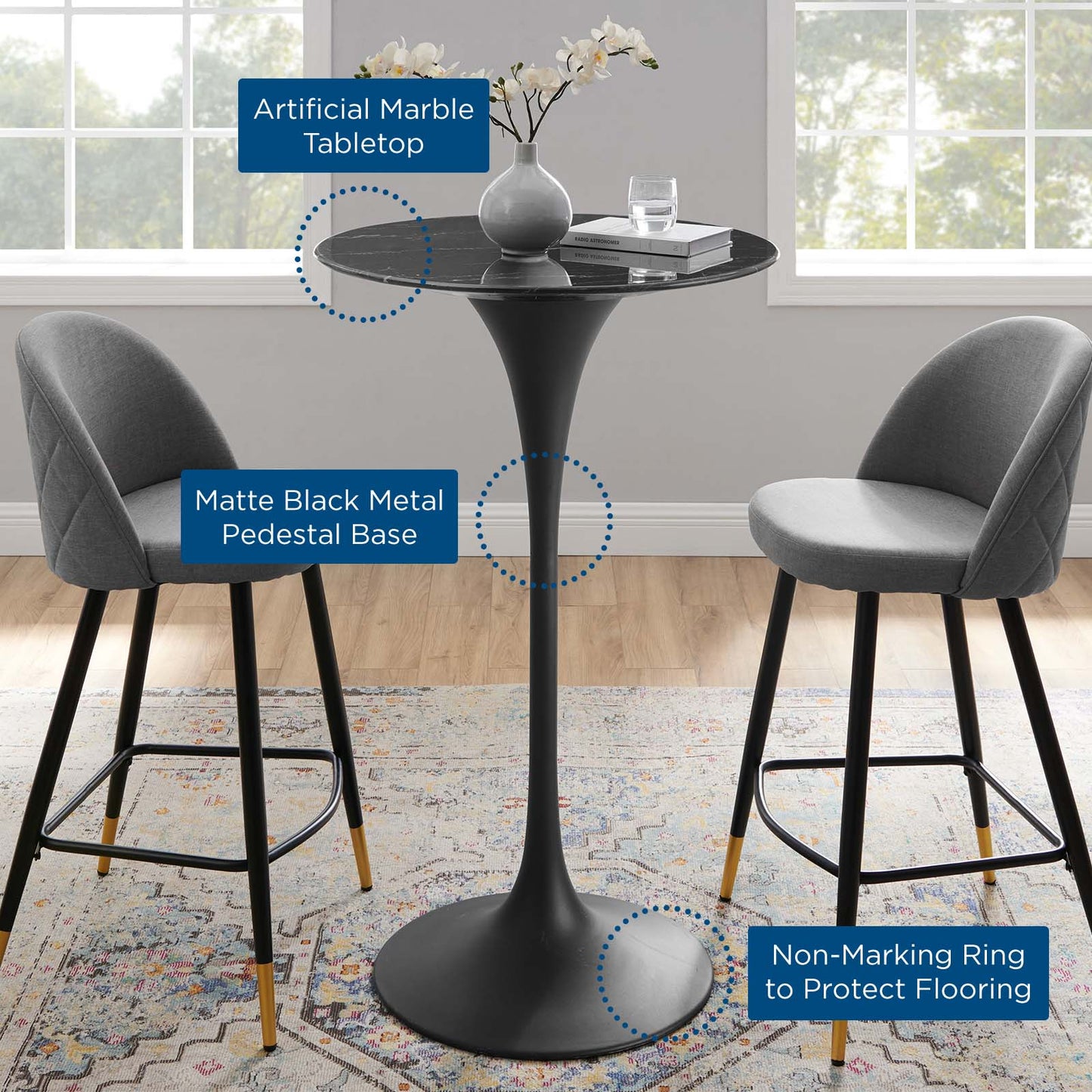 Lippa 28" Artificial Marble Bar Table, Artificial Marble, Metal Steel, Black, 20687