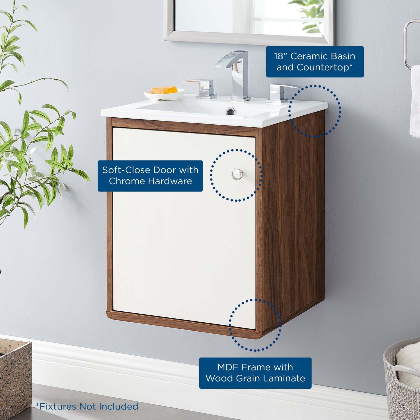 Transmit 18" Wall-Mount Bathroom Vanity, Wood, Brown Walnut White, 20688