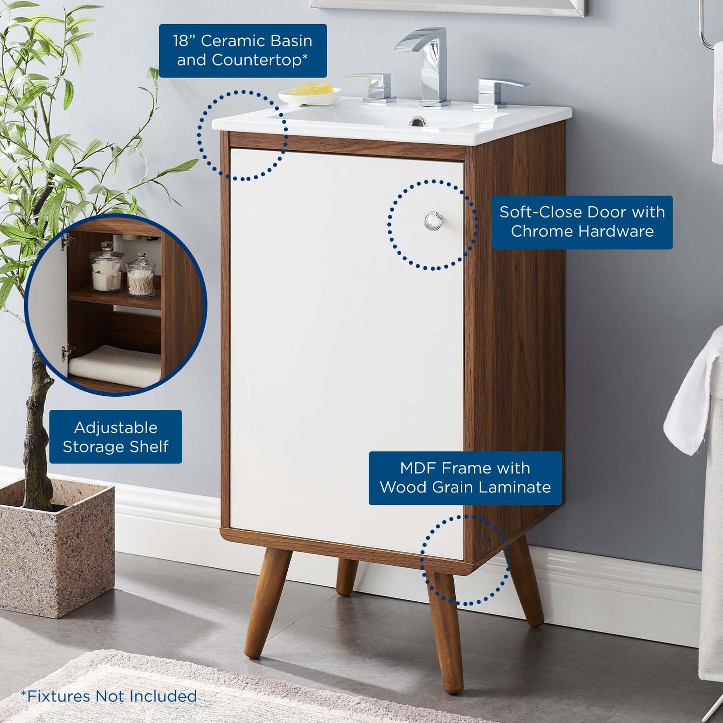 Transmit 18" Bathroom Vanity, Wood, Brown Walnut White, 20689