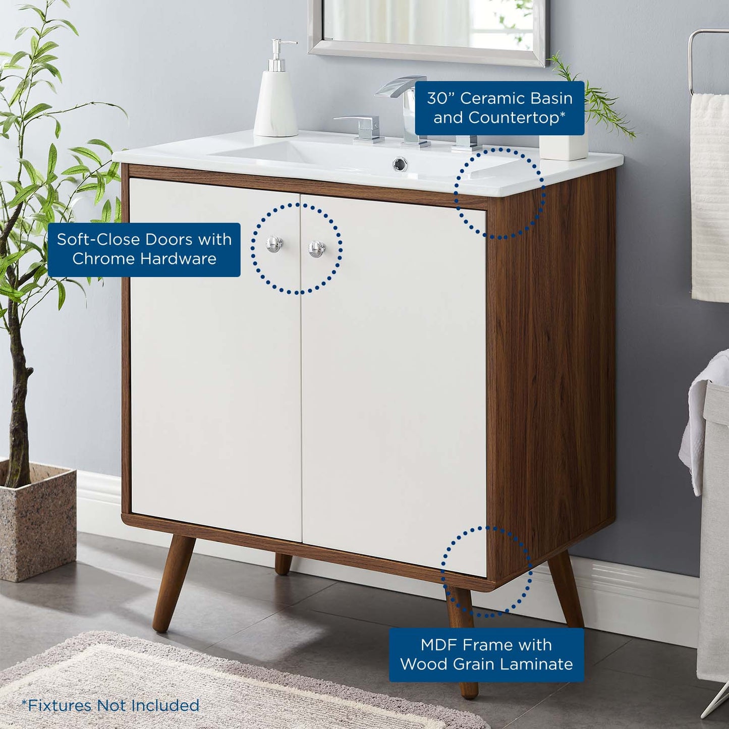 Transmit 30" Bathroom Vanity, Wood, Brown Walnut White, 20691