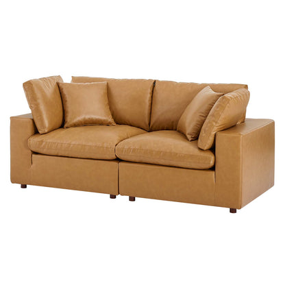 Commix Down Filled Overstuffed Vegan Leather Loveseat, Faux Vegan Leather, Tan, 20695