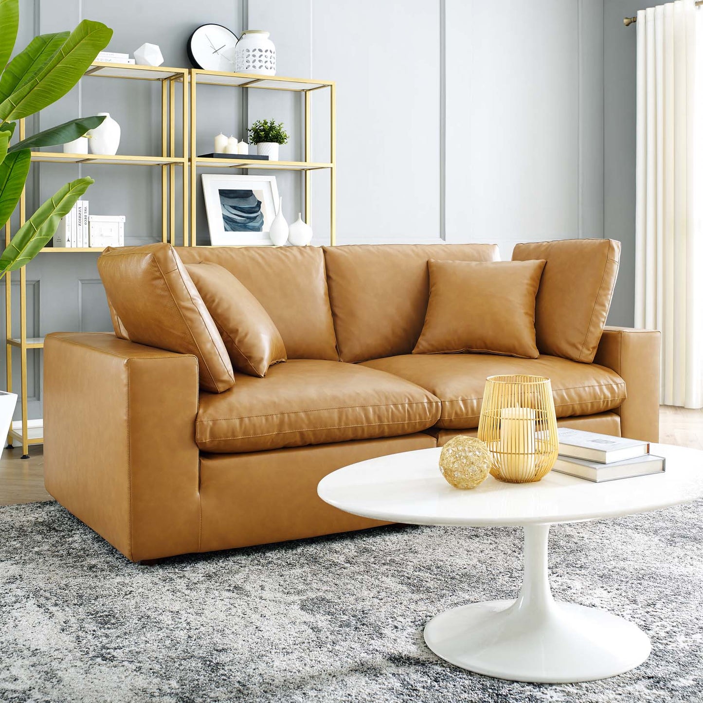Commix Down Filled Overstuffed Vegan Leather Loveseat, Faux Vegan Leather, Tan, 20695