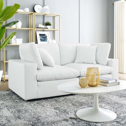 Commix Down Filled Overstuffed Vegan Leather Loveseat, Faux Vegan Leather, White, 20696