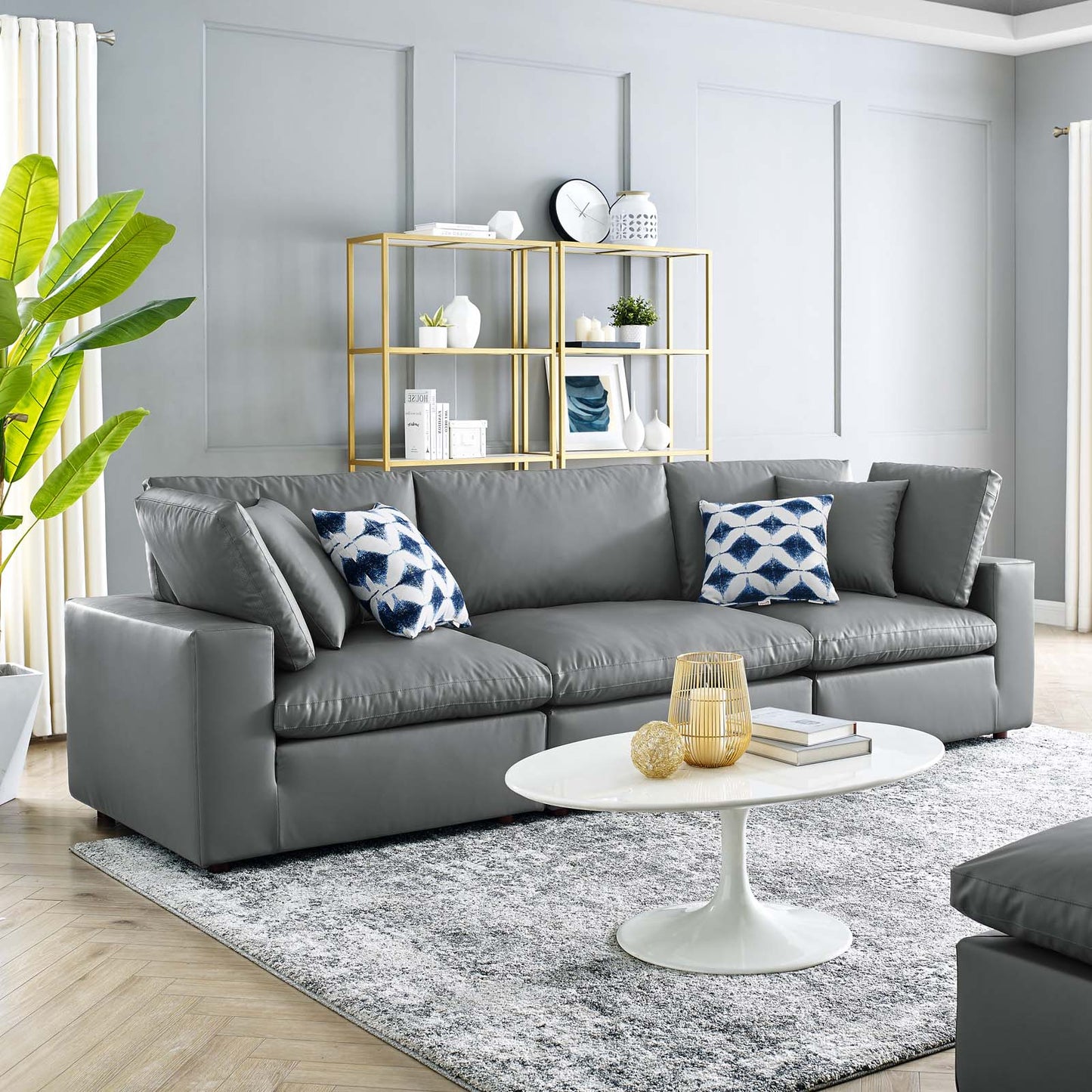 Commix Down Filled Overstuffed Vegan Leather 3-Seater Sofa, Faux Vegan Leather, Grey Gray, 20697