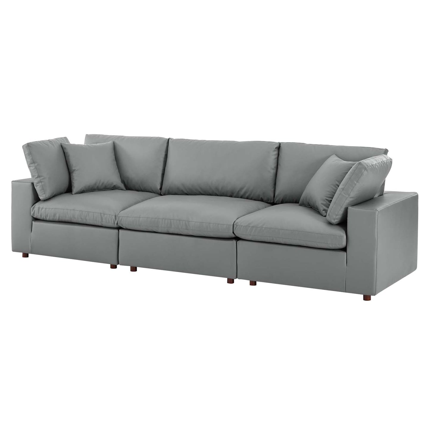 Commix Down Filled Overstuffed Vegan Leather 3-Seater Sofa, Faux Vegan Leather, Grey Gray, 20697