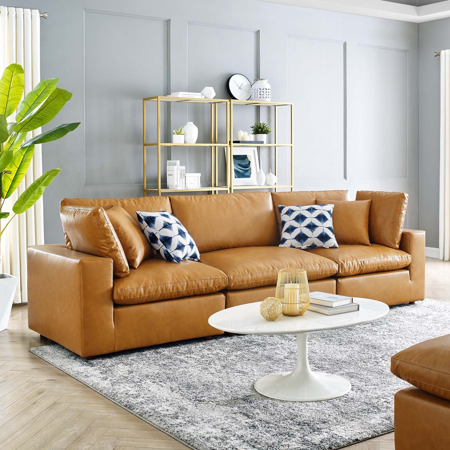 Commix Down Filled Overstuffed Vegan Leather 3-Seater Sofa, Faux Vegan Leather, Tan, 20698