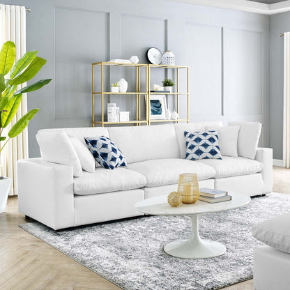 Commix Down Filled Overstuffed Vegan Leather 3-Seater Sofa, Faux Vegan Leather, White, 20699