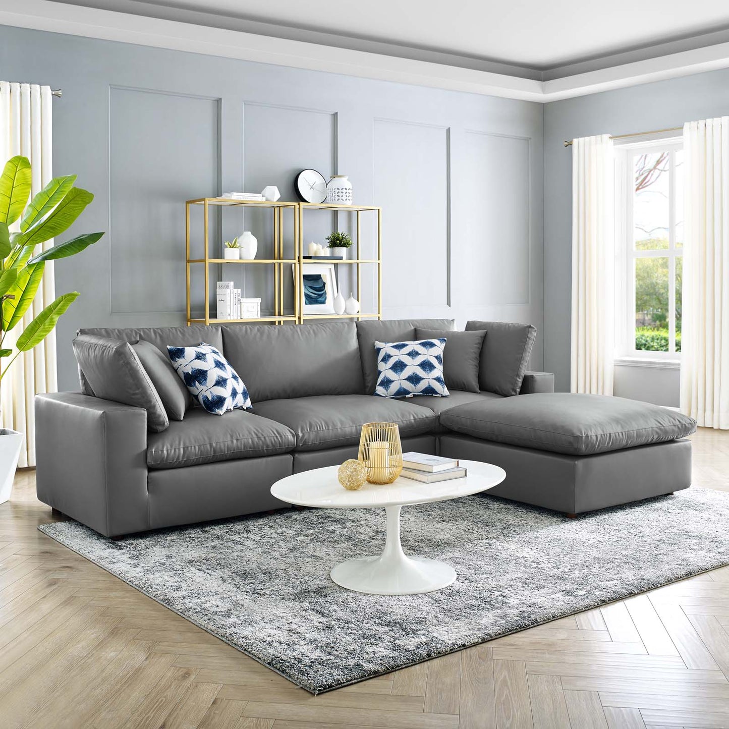 Commix Down Filled Overstuffed Vegan Leather 4-Piece Sectional Sofa, Faux Vegan Leather, Grey Gray, 20700