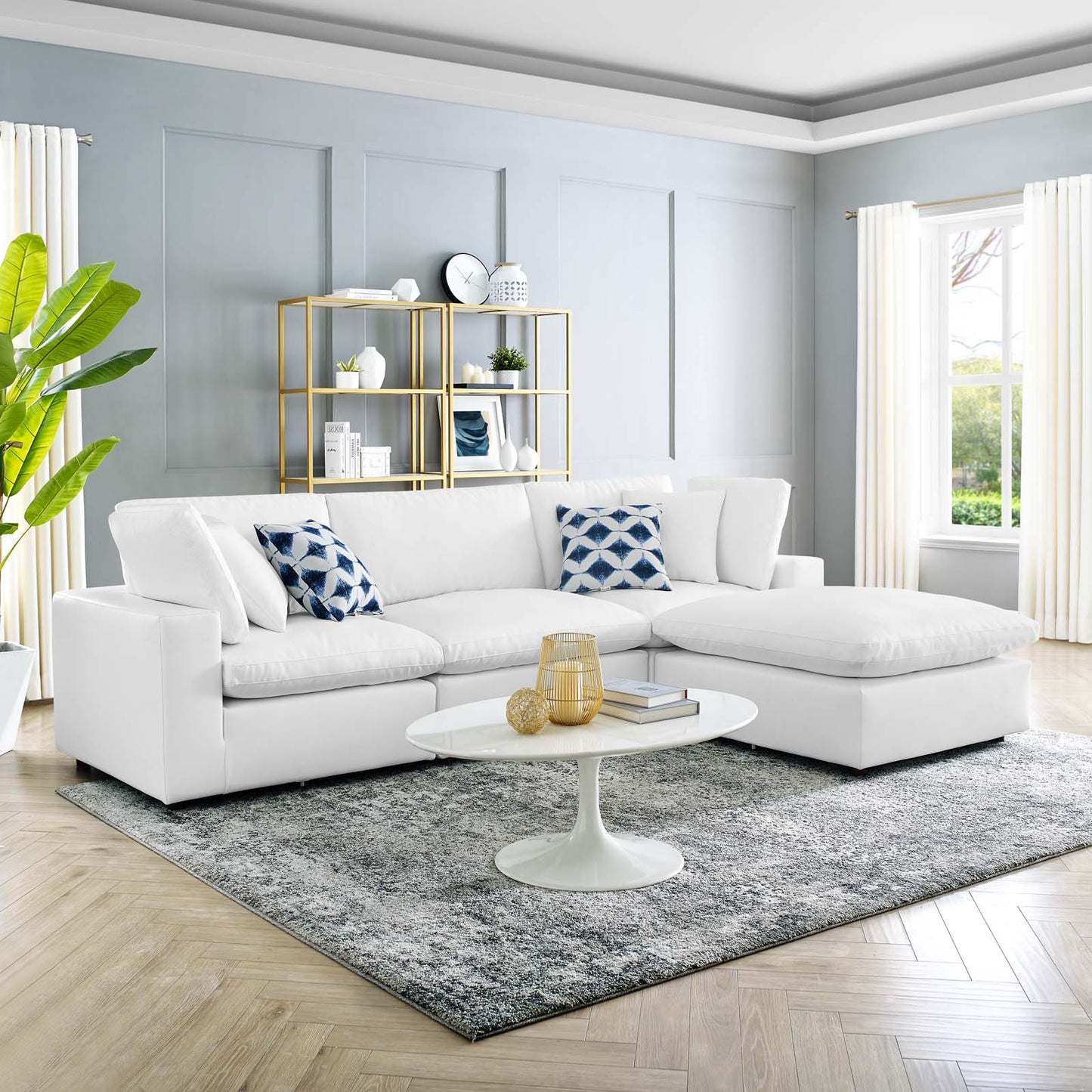 Commix Down Filled Overstuffed Vegan Leather 4-Piece Sectional Sofa, Faux Vegan Leather, White, 20702