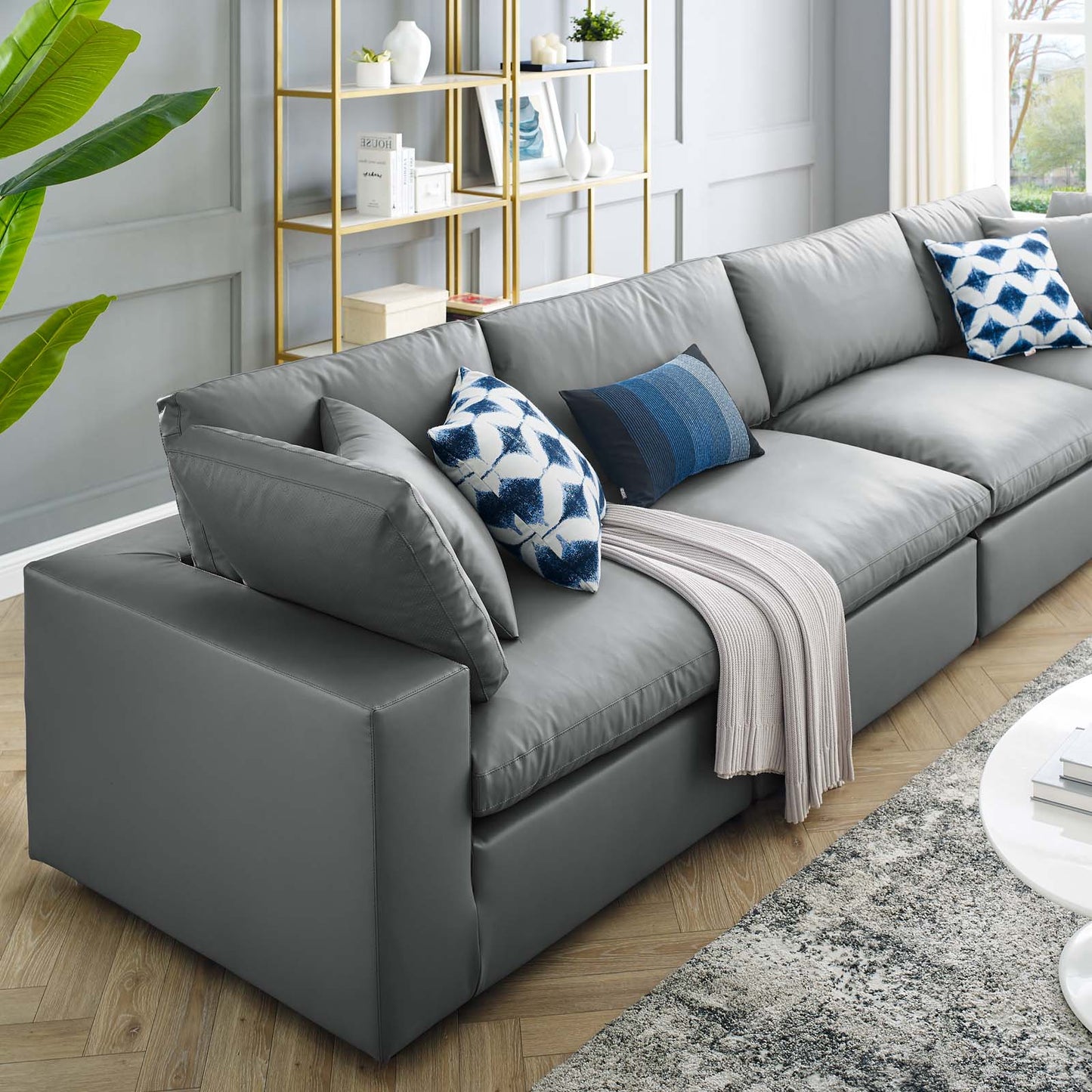 Commix Down Filled Overstuffed Vegan Leather 4-Seater Sofa, Faux Vegan Leather, Grey Gray, 20703