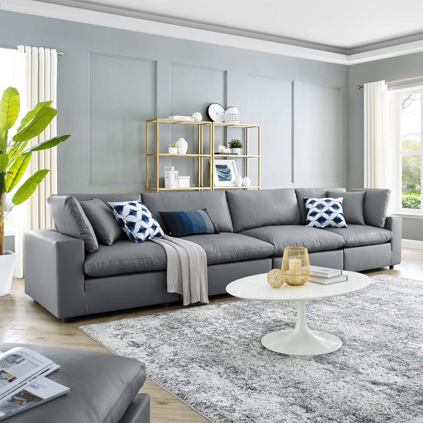 Commix Down Filled Overstuffed Vegan Leather 4-Seater Sofa, Faux Vegan Leather, Grey Gray, 20703