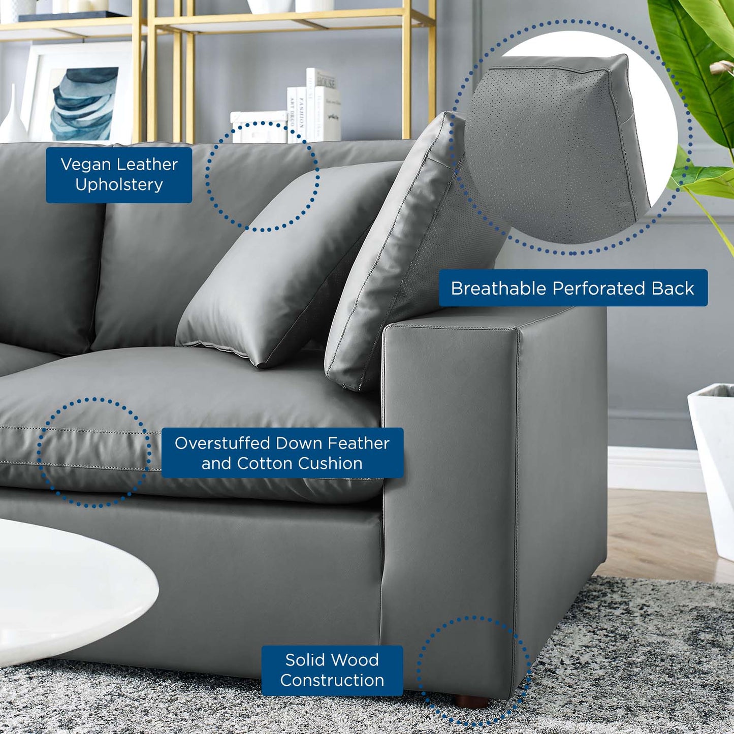 Commix Down Filled Overstuffed Vegan Leather 4-Seater Sofa, Faux Vegan Leather, Grey Gray, 20703