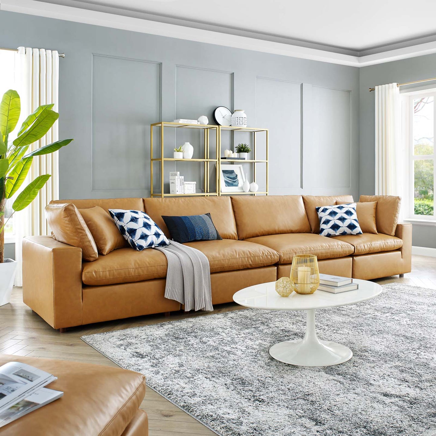 Commix Down Filled Overstuffed Vegan Leather 4-Seater Sofa, Faux Vegan Leather, Tan, 20704
