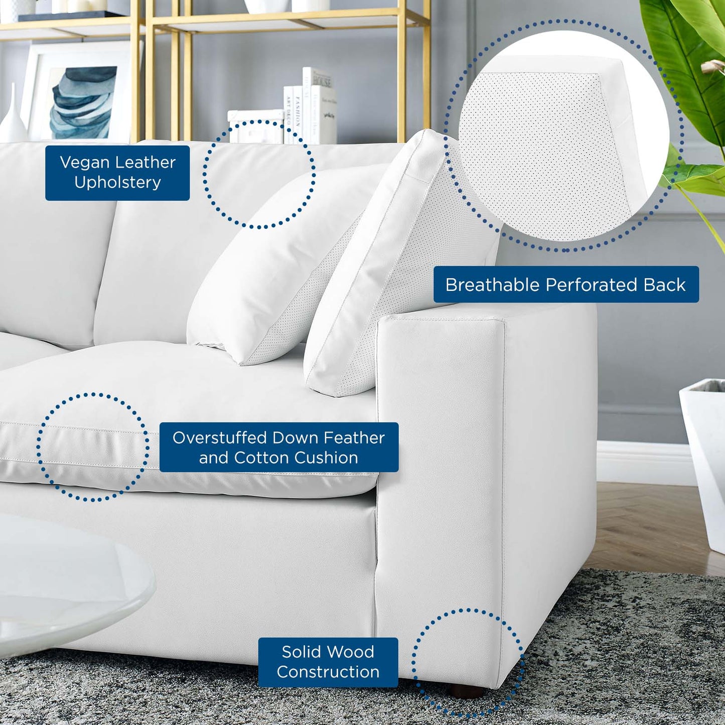 Commix Down Filled Overstuffed Vegan Leather 4-Seater Sofa, Faux Vegan Leather, White, 20705