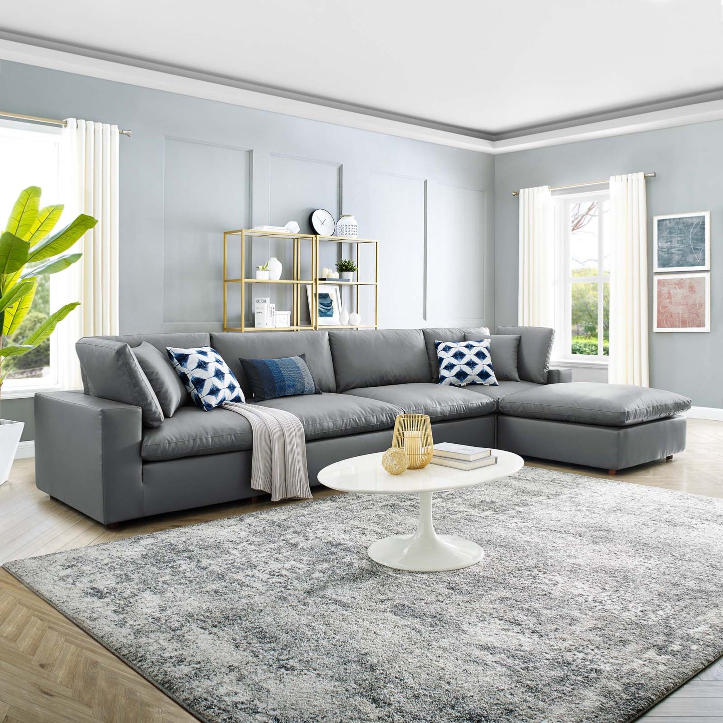 Commix Down Filled Overstuffed Vegan Leather 5-Piece Sectional Sofa, Faux Vegan Leather, Grey Gray, 20706