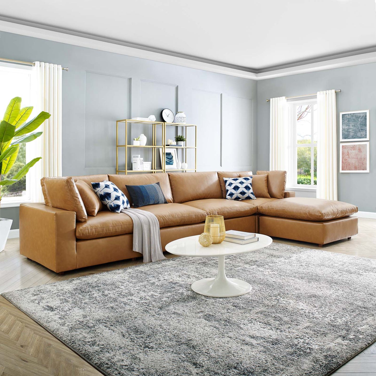 Commix Down Filled Overstuffed Vegan Leather 5-Piece Sectional Sofa, Faux Vegan Leather, Tan, 20707