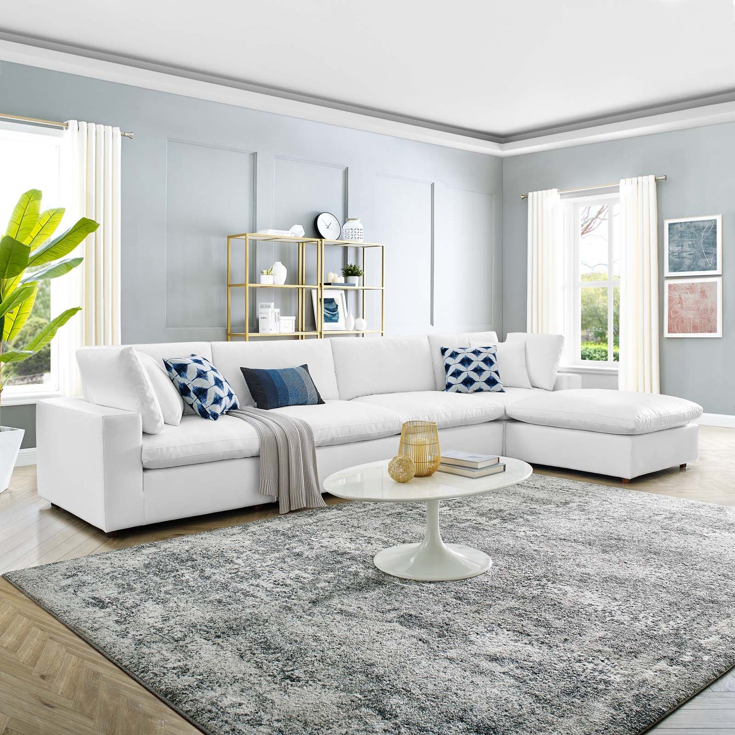 Commix Down Filled Overstuffed Vegan Leather 5-Piece Sectional Sofa, Faux Vegan Leather, White, 20708