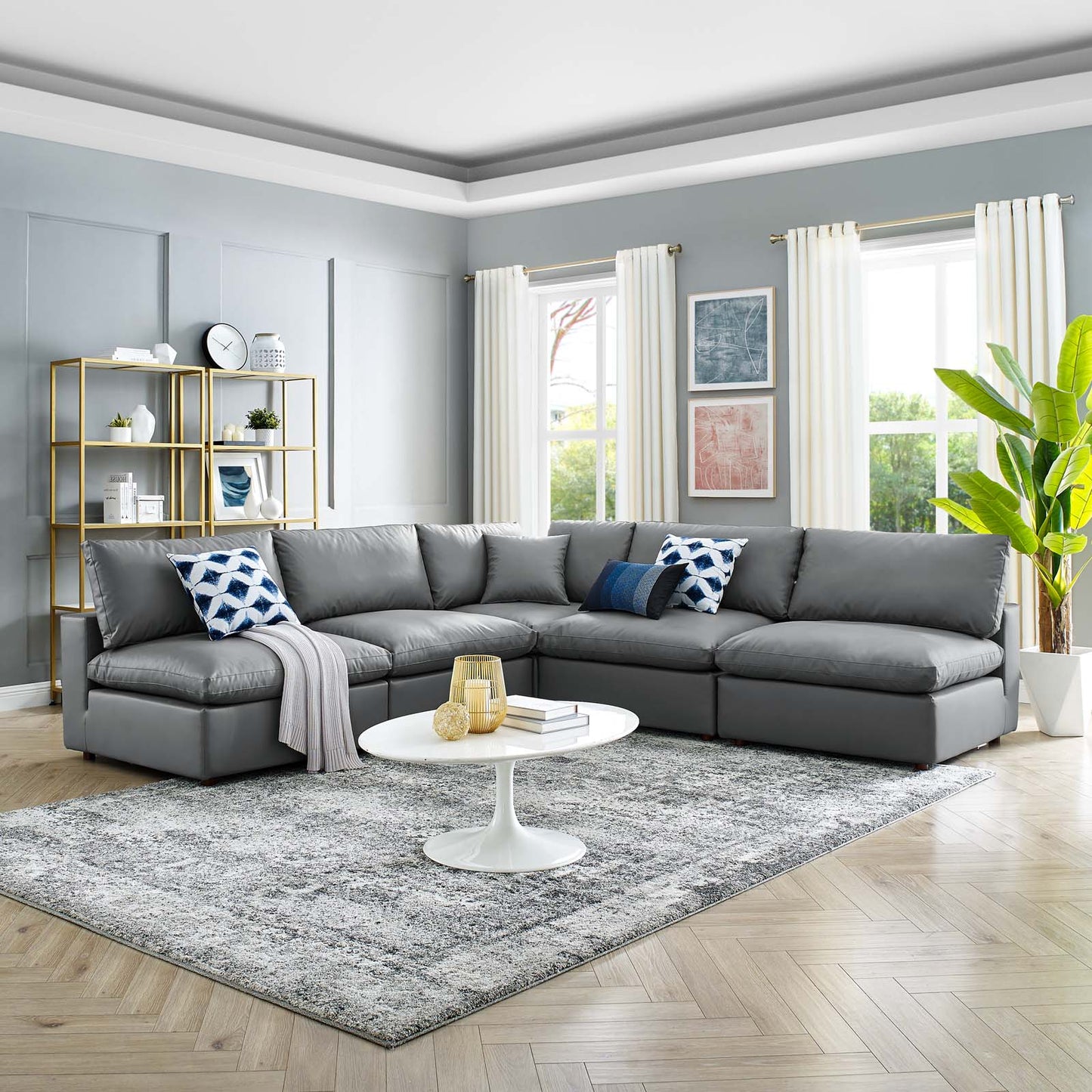 Commix Down Filled Overstuffed Vegan Leather 5-Piece Sectional Sofa, Faux Vegan Leather, Grey Gray, 20712