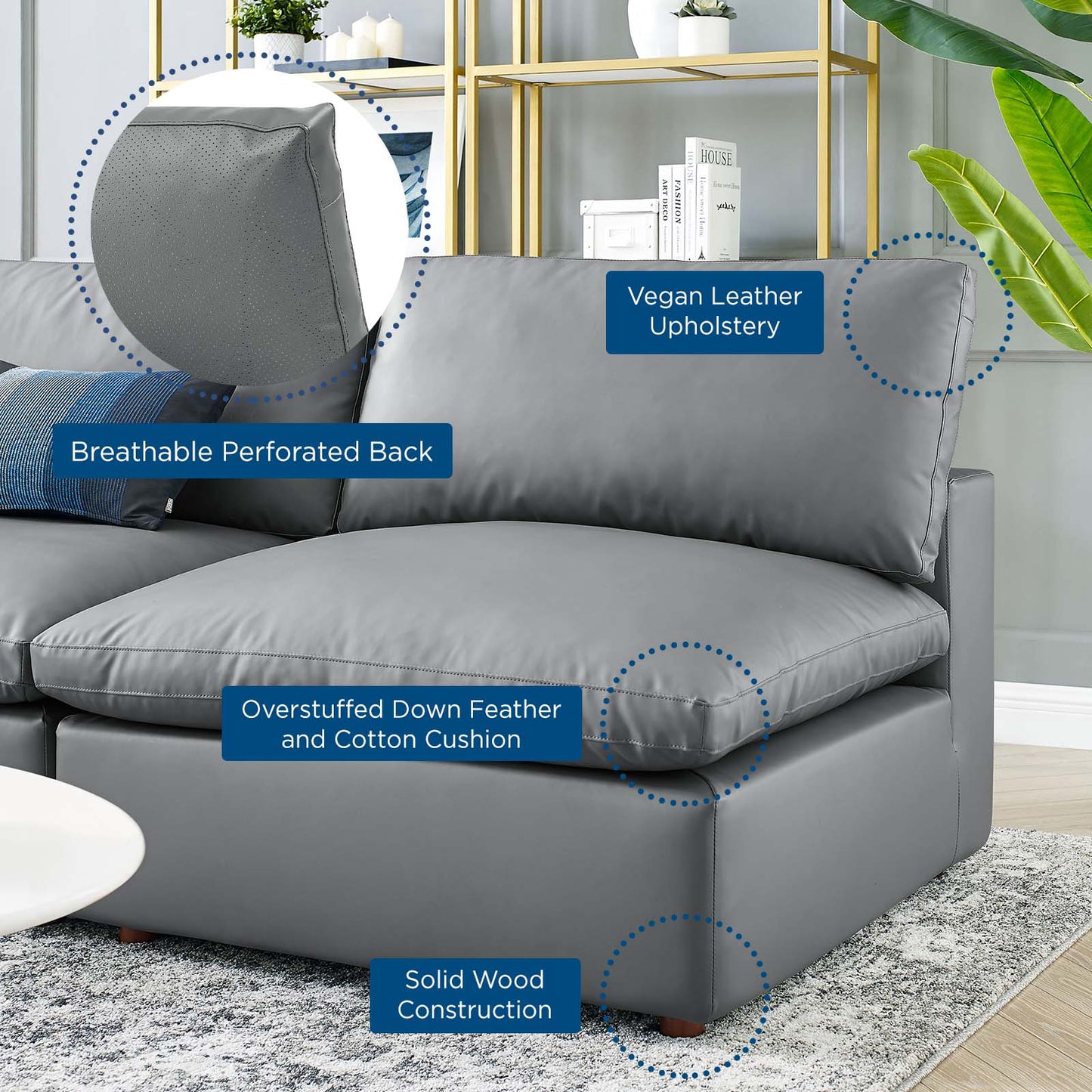Commix Down Filled Overstuffed Vegan Leather 5-Piece Sectional Sofa, Faux Vegan Leather, Grey Gray, 20712