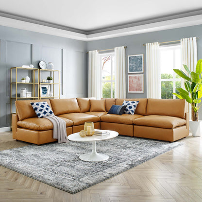 Commix Down Filled Overstuffed Vegan Leather 5-Piece Sectional Sofa, Faux Vegan Leather, Tan, 20713