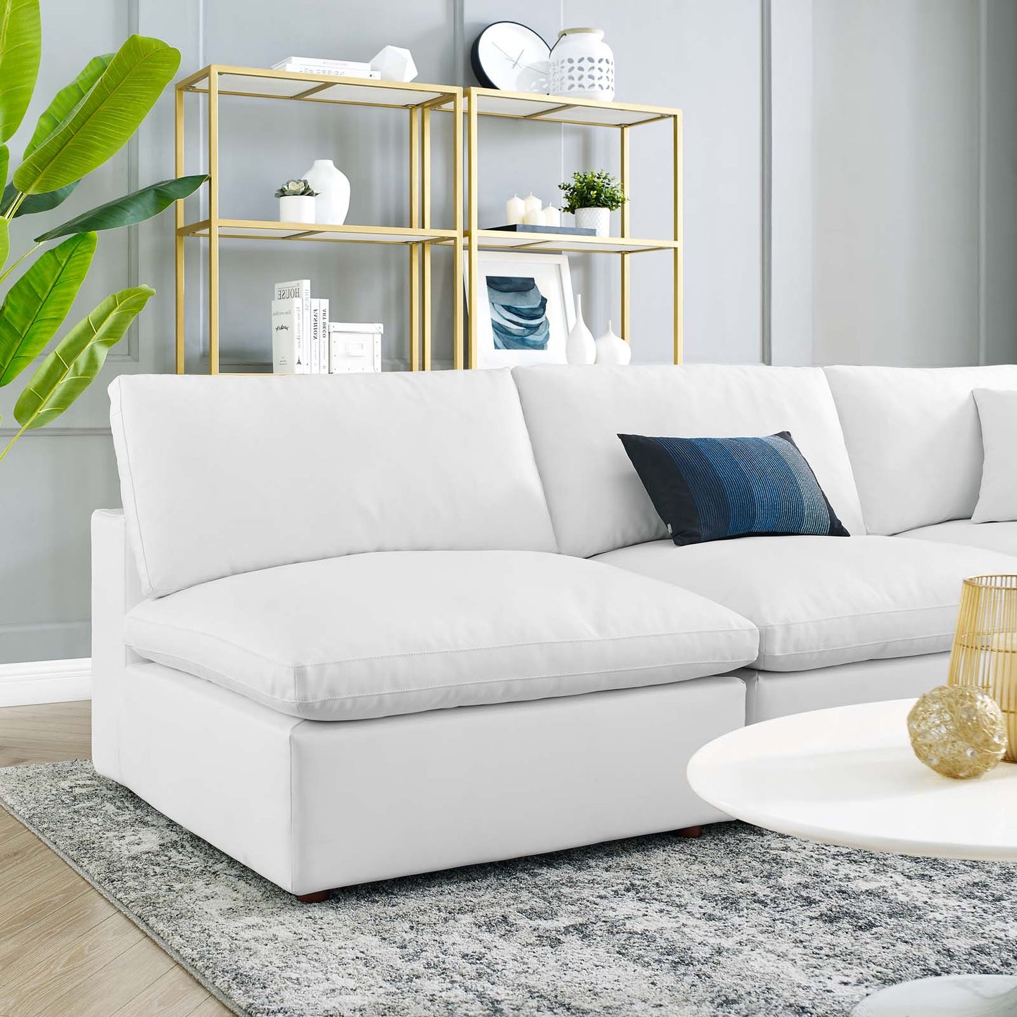 Commix Down Filled Overstuffed Vegan Leather 5-Piece Sectional Sofa, Faux Vegan Leather, White, 20714