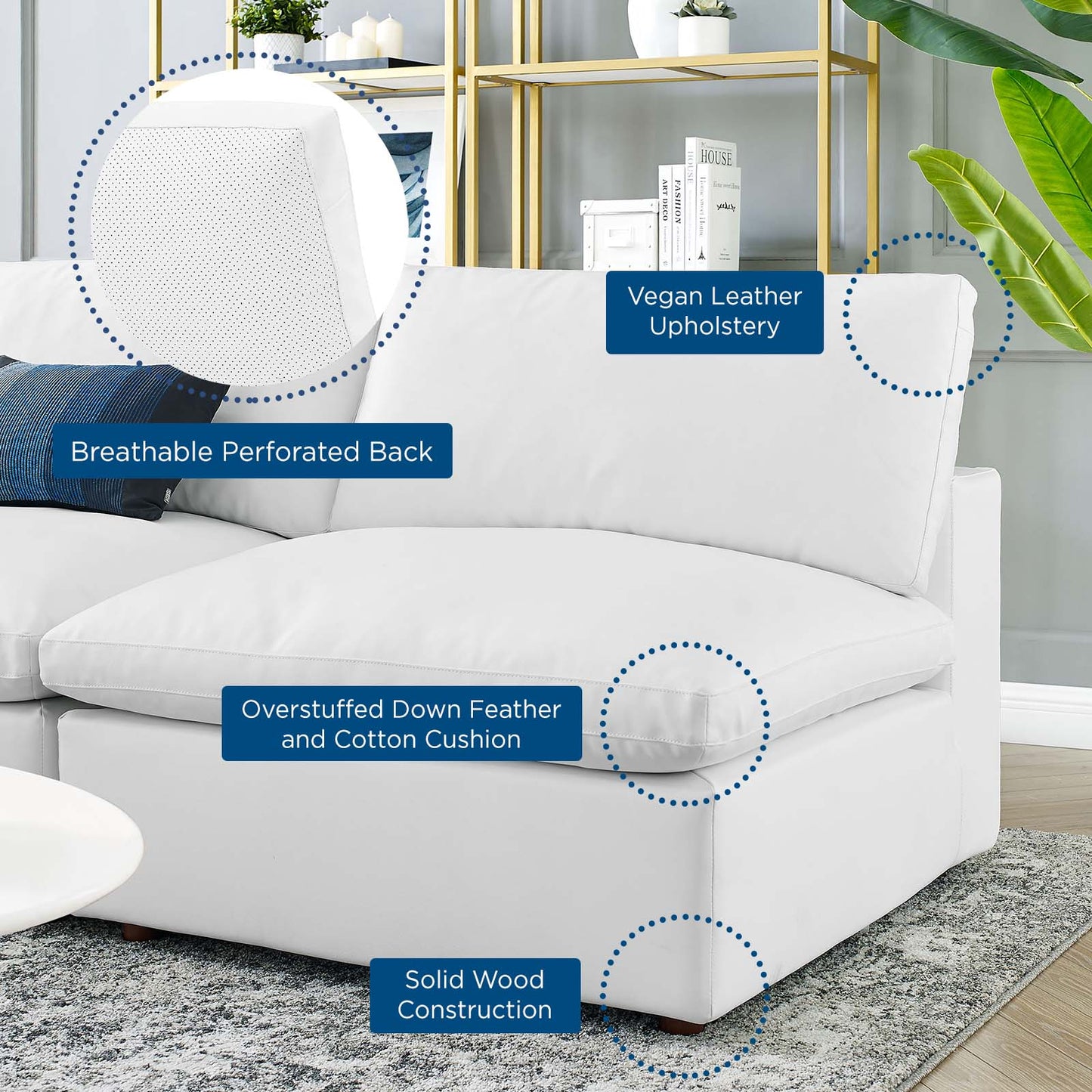 Commix Down Filled Overstuffed Vegan Leather 5-Piece Sectional Sofa, Faux Vegan Leather, White, 20714